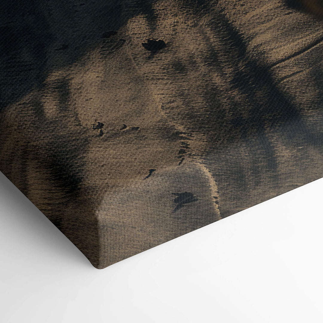 Elevated view of Lamborghini Aventador canvas print corner, stretched over 1.5" stretcher bars. Sand and ocean backdrop.