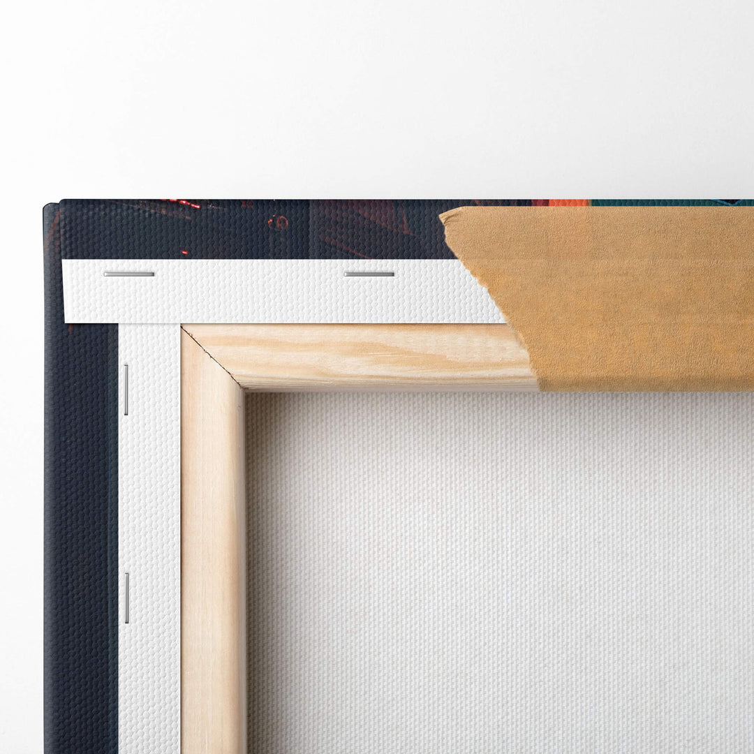 Close-up of top left corner of stretched canvas print, featuring futuristic cityscape and warm sunset colors.