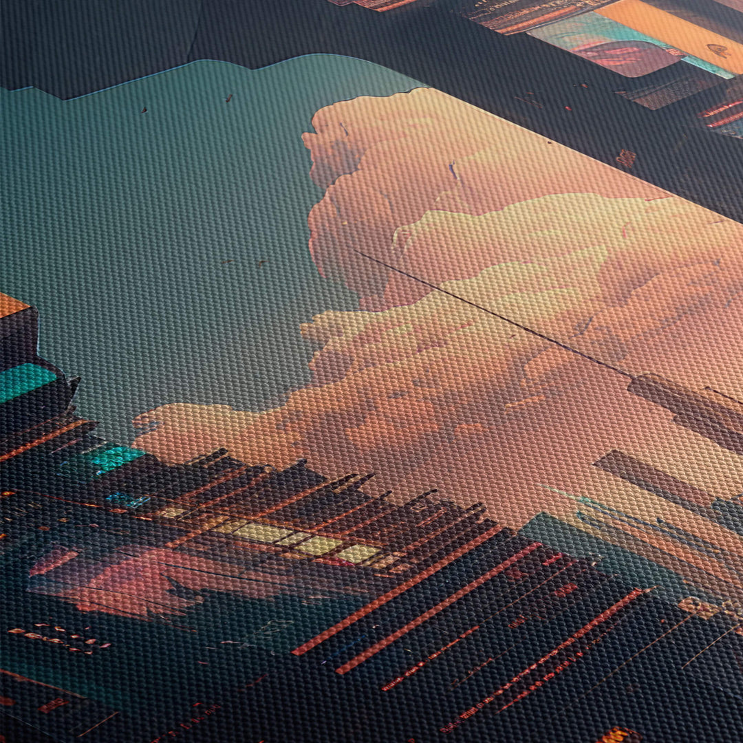 Close-up of high-quality canvas print texture, featuring a vibrant and warm futuristic cityscape, stunning vibrant colors.