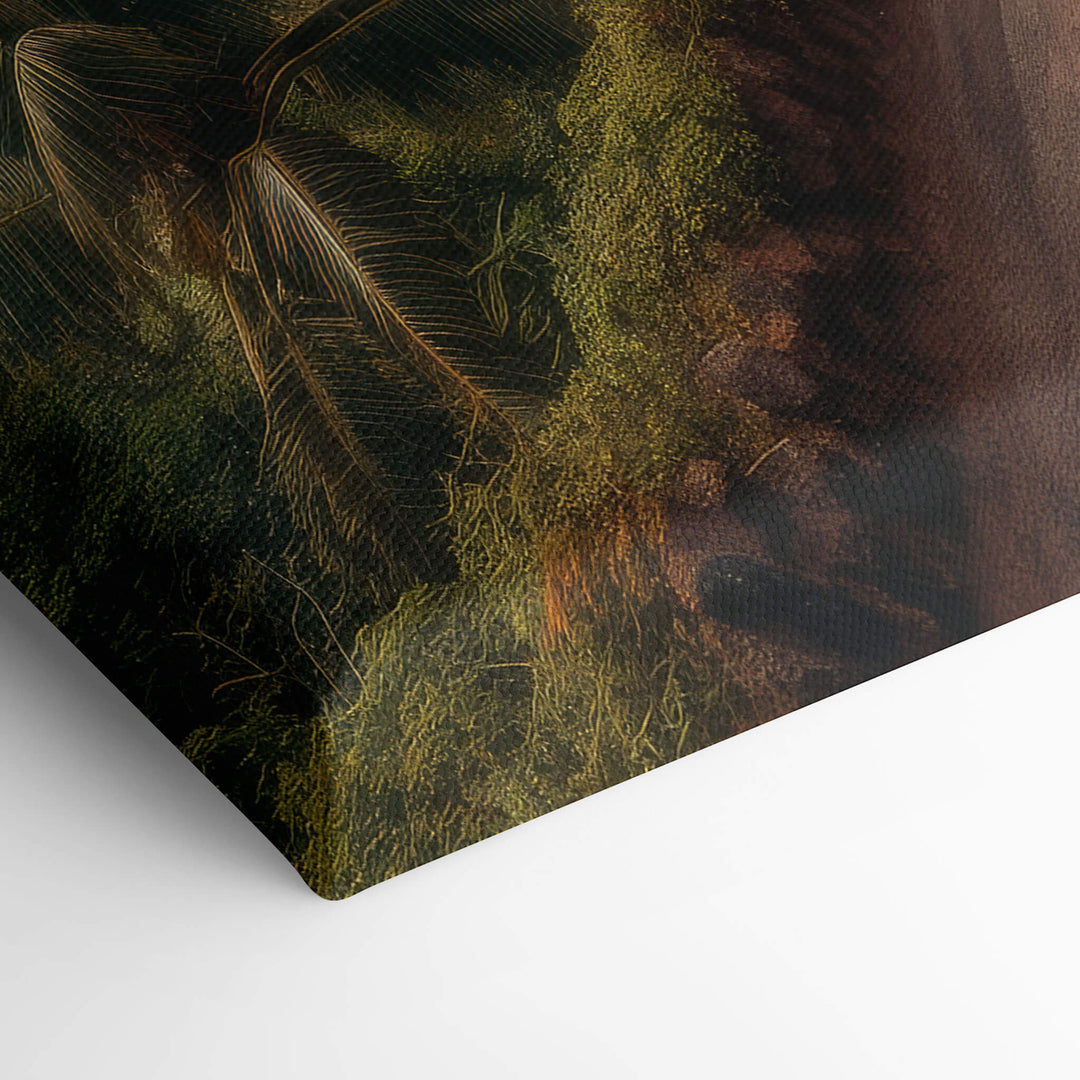 Elevated view of corner of high quality canvas print with green Bentley Continental GT on dirt road in tropical storm.