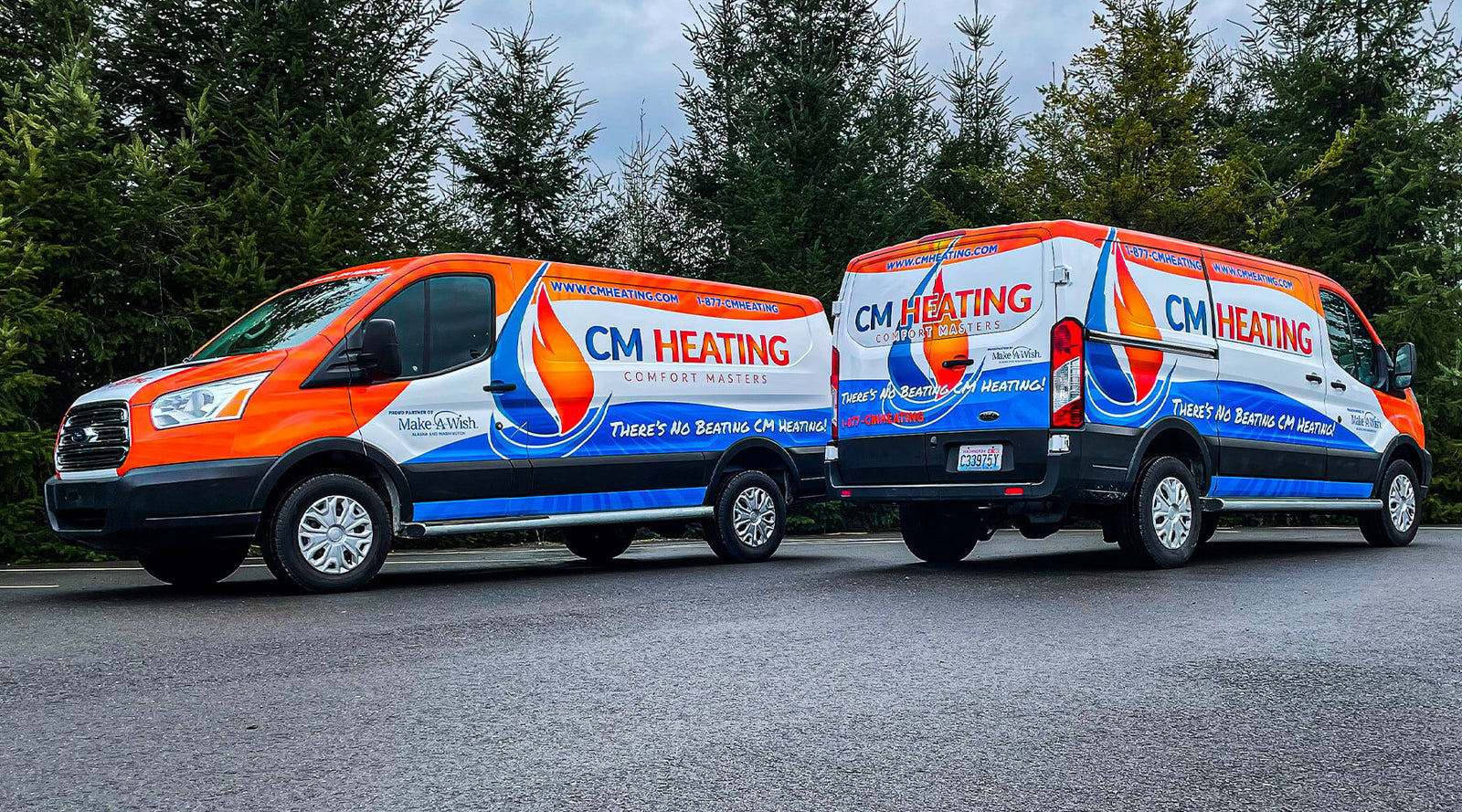 Two vibrant wrap vans showcasing the durability and appeal of professionally installed car wraps, emphasizing the question of how long does a car wrap last.
