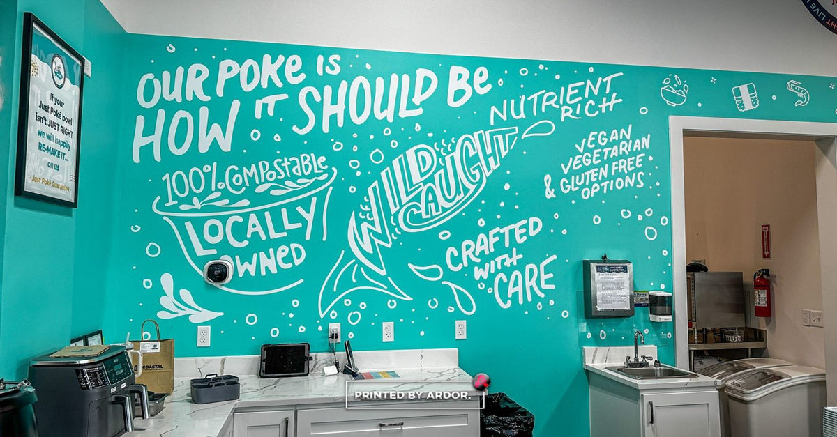Teal restaurant wall mural for Just Poke, printed and installed by Ardor Printing