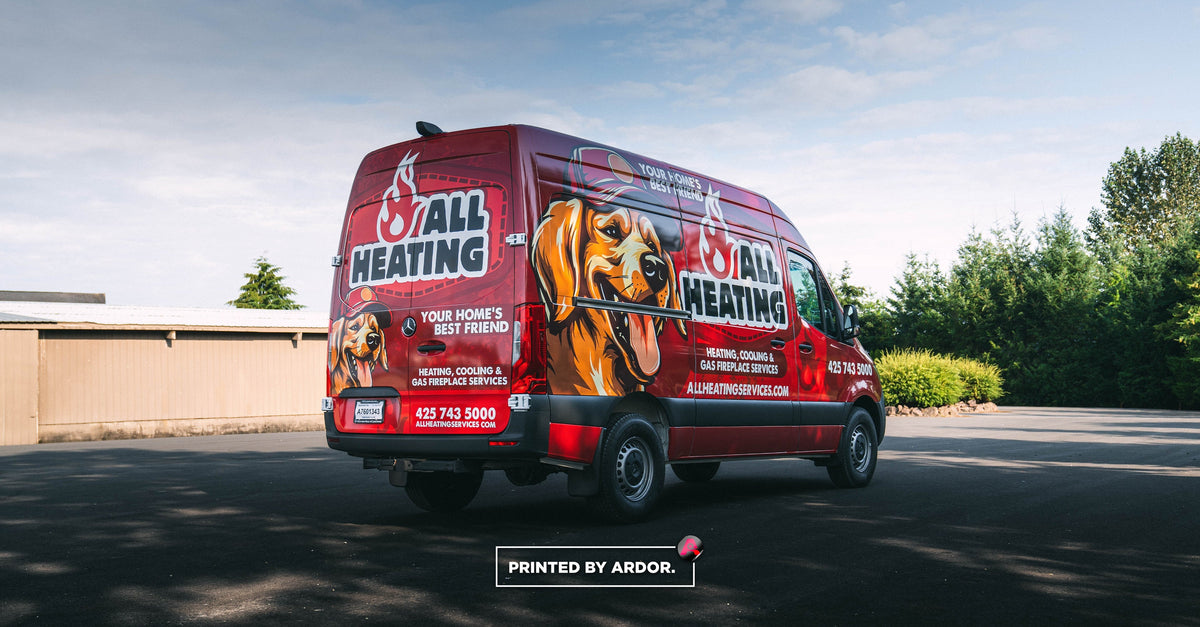 Red Mercedes Sprinter van with an All Heating wrap featuring a golden retriever mascot