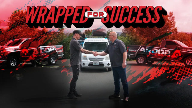Wrapped for Success title card for Aesthetic Auto Salon: a handshake in front of a white van and two Ardor Printing wrapped pickup trucks