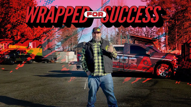 Wrapped for Success Episode 4 title card for PNW Traffic Control & Supply, with wrapped pickup trucks in the background