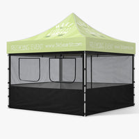 10ft mesh sidewall kit installed on a 10x10 event tent, front panel with two service windows