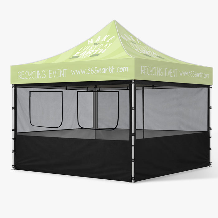 10ft mesh sidewall kit installed on a 10x10 event tent, front panel with two service windows