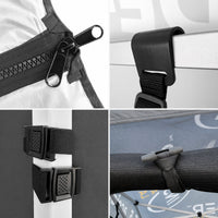 Close-ups of the mesh sidewall zipper, hooks and webbing strap attachments