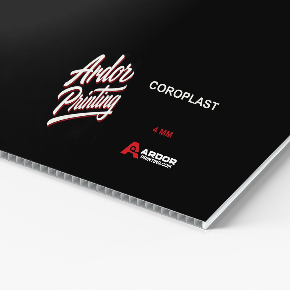 Close-up of a custom printed 4mm coroplast sign showing its fluted edge