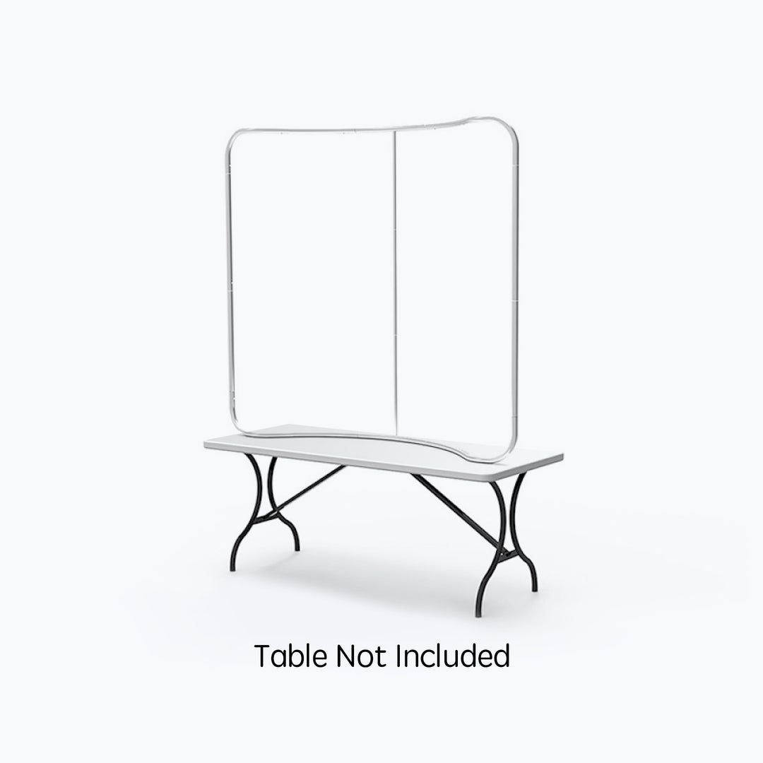 6ft curved tension fabric table top display frame, aluminum tube hardware only, shown on a table (table not included)