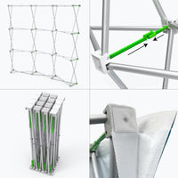 8ft curved Velcro fabric pop up display frame details: expanded frame, locking arm, folded frame and graphic attachment point