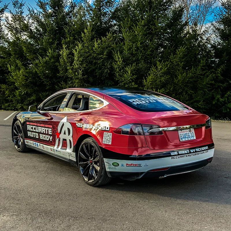 Tesla model S with a full printed car wrap we design and installed for Accurate Auto Body in Redmond, WA