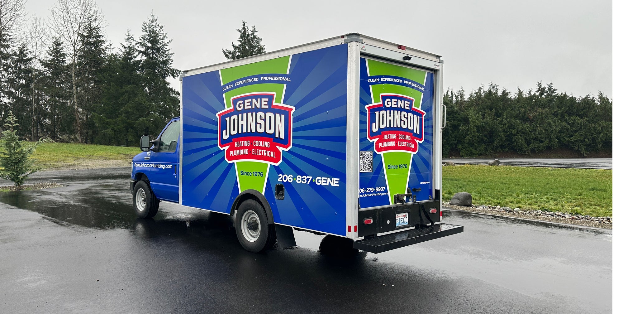 Gene Johnson Box Truck with a full printed vinyl car wrap installed by Ardor Printing in Seattle, WA