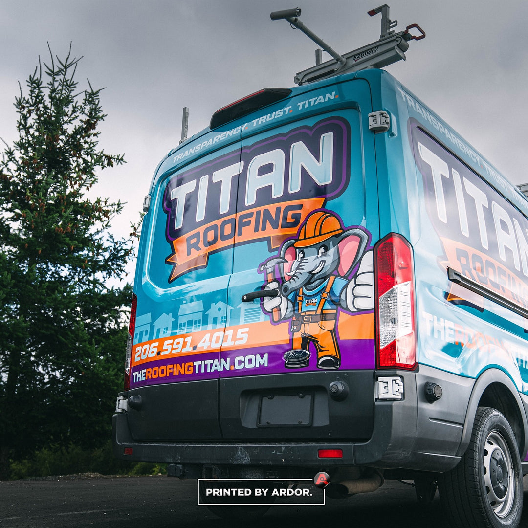 Close-up view of a van wrap printed and installed by Ardor Printing for Titan Roofing in Seattle, WA.