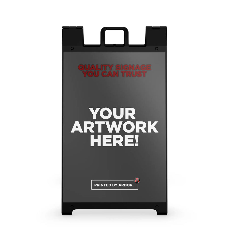 Custom printed A-frame sign in a black Signicade sandwich board frame