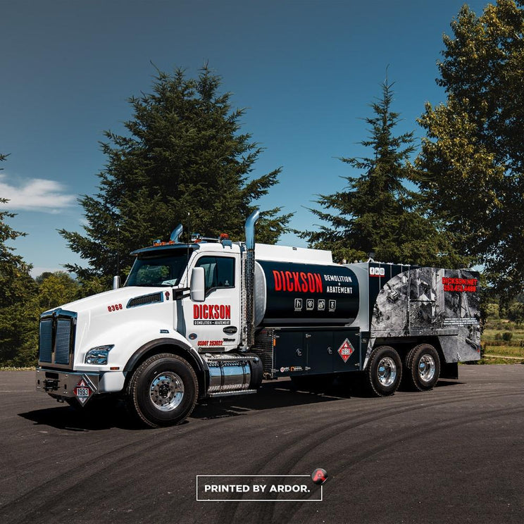 Dickson Demolition Kenworth truck wrap in black and white vinyl