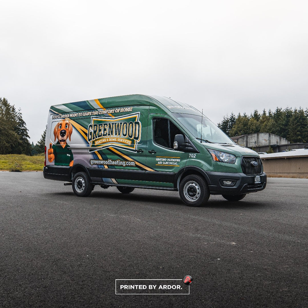 Front passenger side of Ford Transit with a full printed vinyl wrap by Ardor Printing in Seattle, WA