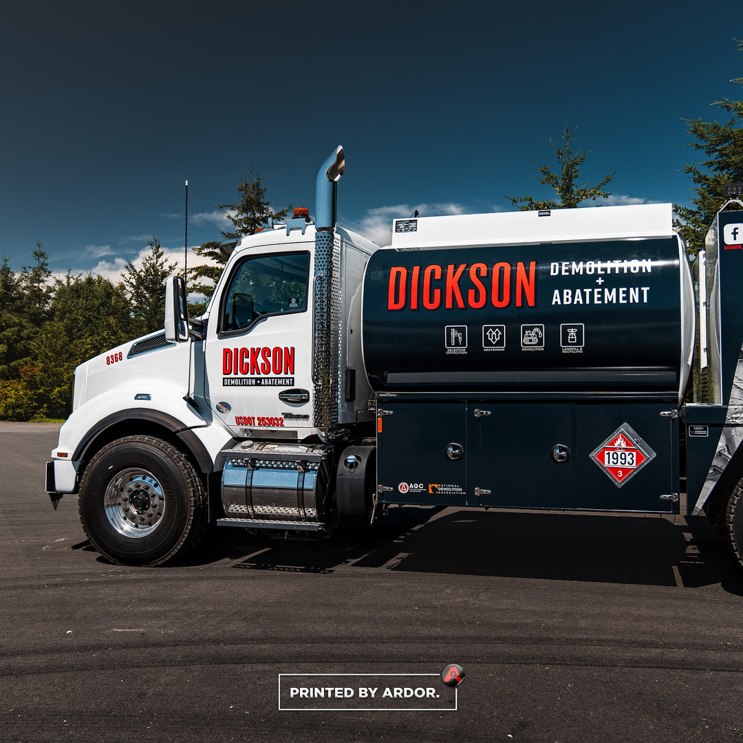 Dickson Demolition Truck Wrap by Ardor Printing in Tacoma, WA on a white Kenworth Truck