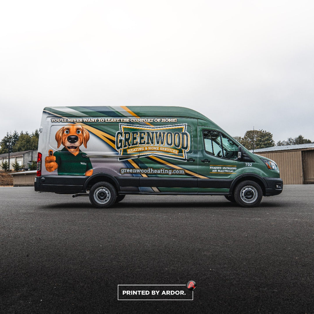 Side view of a Ford Transit with a full printed vinyl car wrap green with Greenwood branding in Seattle, WA