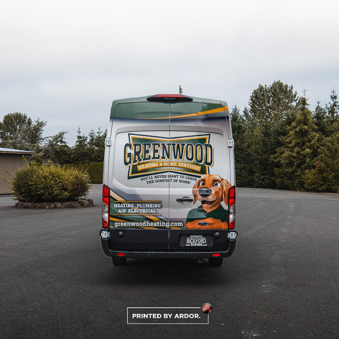 Rear View of a Ford Transit with a printed vinyl wrap by Ardor Printing with Greenwood Branding in Seattle, WA