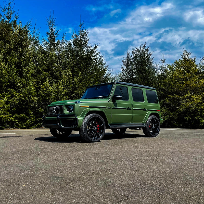 Custom car wrap we did on a new 2022 Mercedes suv in a matte military green wrap film.