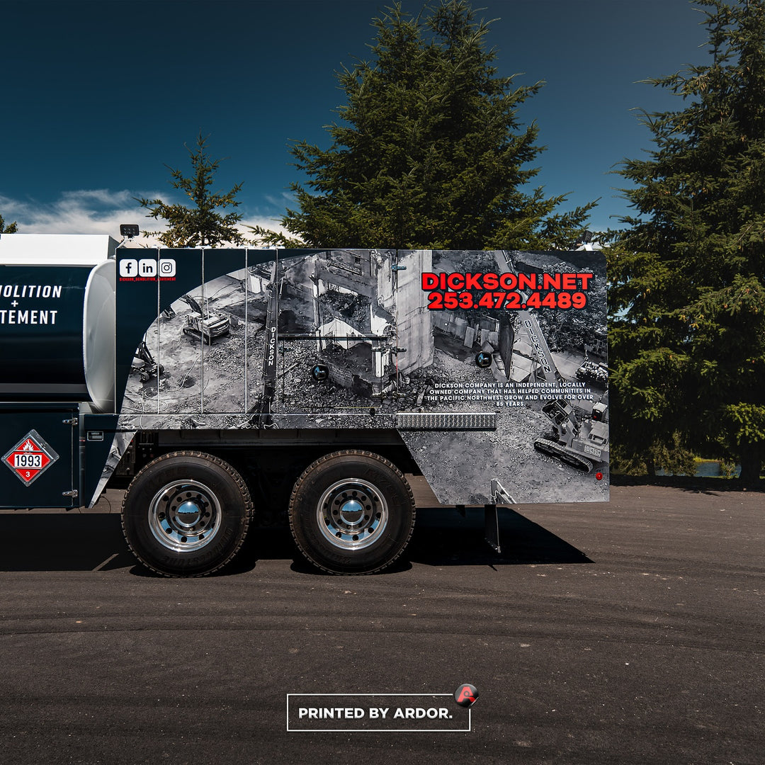 Close up view of the graphics printed and installed by Ardor Printing for Dickson Demo in Tacoma, WA