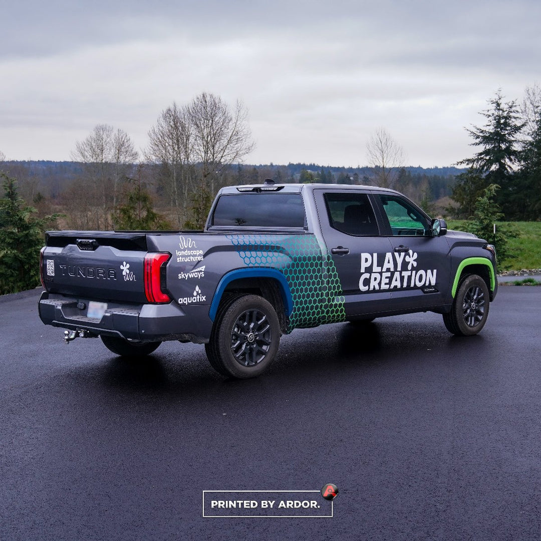 A partial wrap printed and installed by Ardor Printing in Snohomish, Wa on a Grey Toyota Tundra.