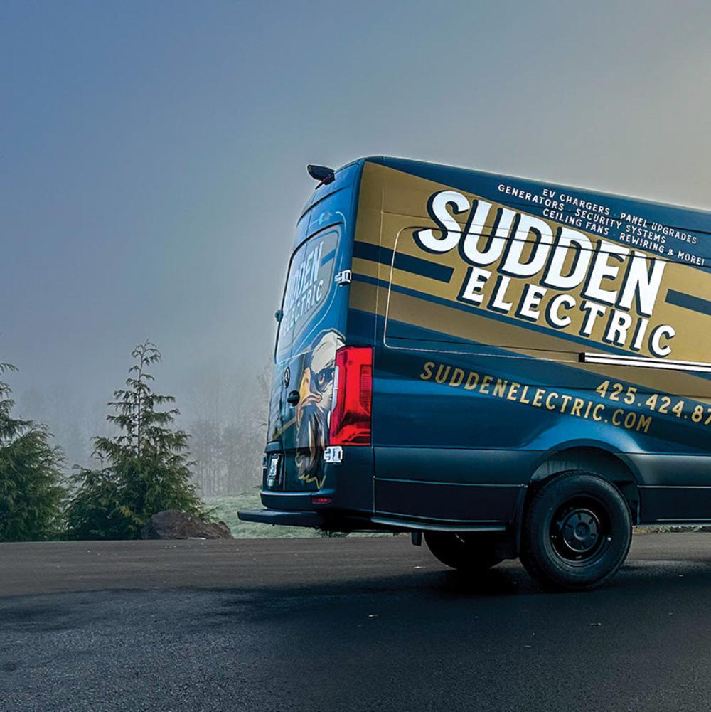 Sudden Electric's custom-wrapped van, featuring bold branding and contact details, ready for fast electrical solutions!