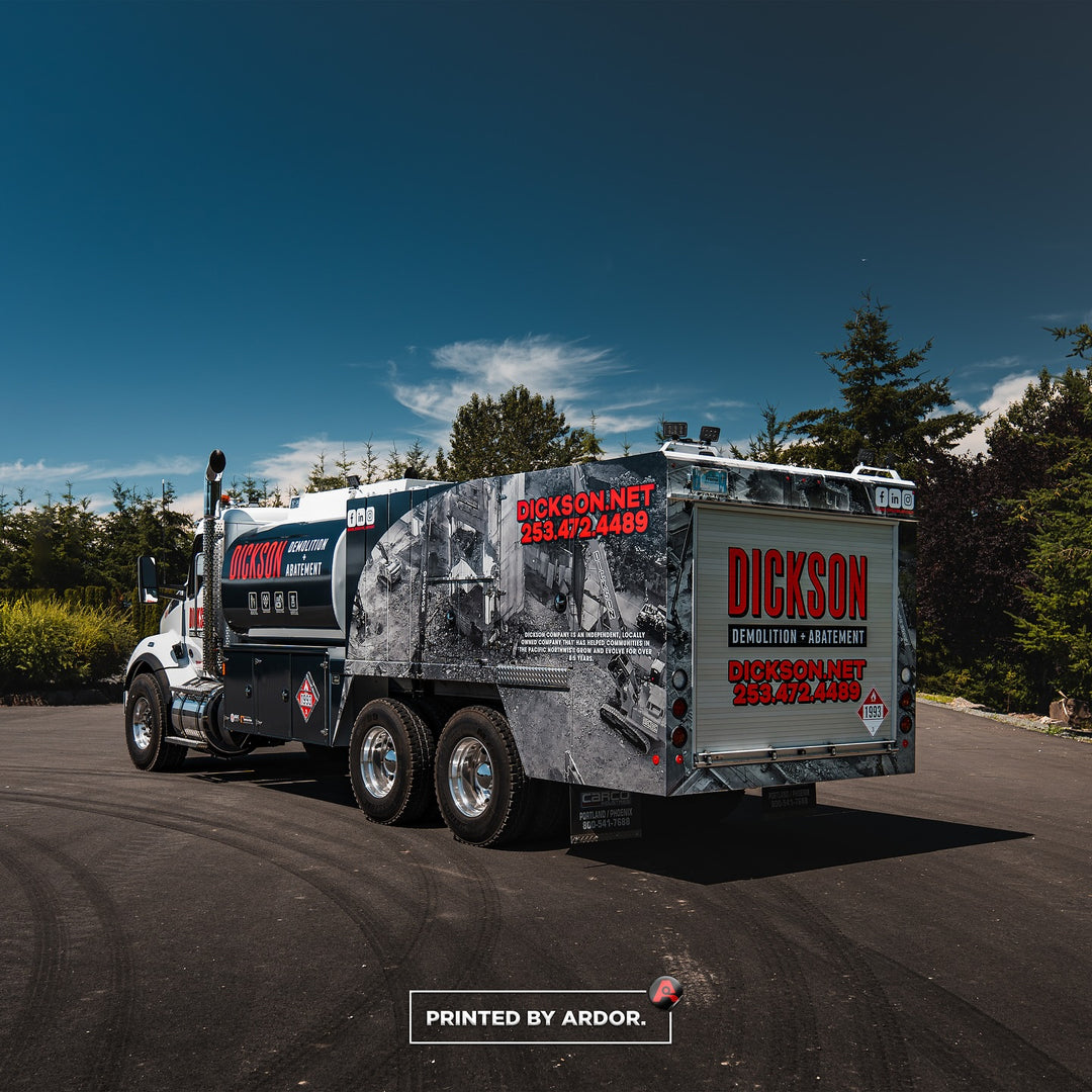 Rear View of Dickson Demolition Kenworth Truck Wrap by Ardor Printing in Tacoma, WA
