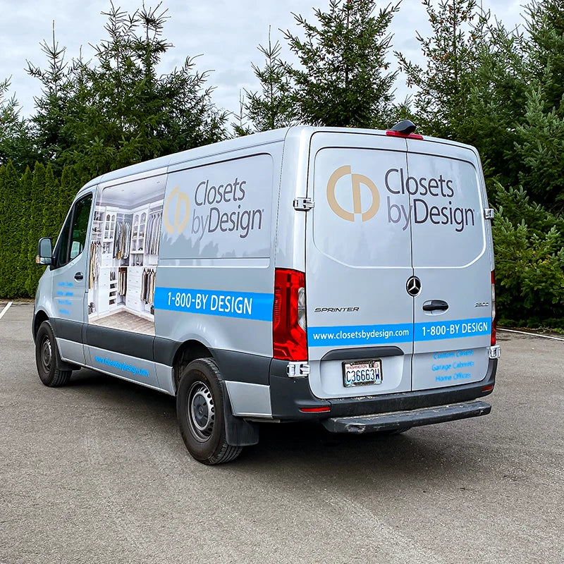Vinyl car wrap we designed and printed for this Mercedes Sprinter van for Closets by Design in Seattle, WA.
