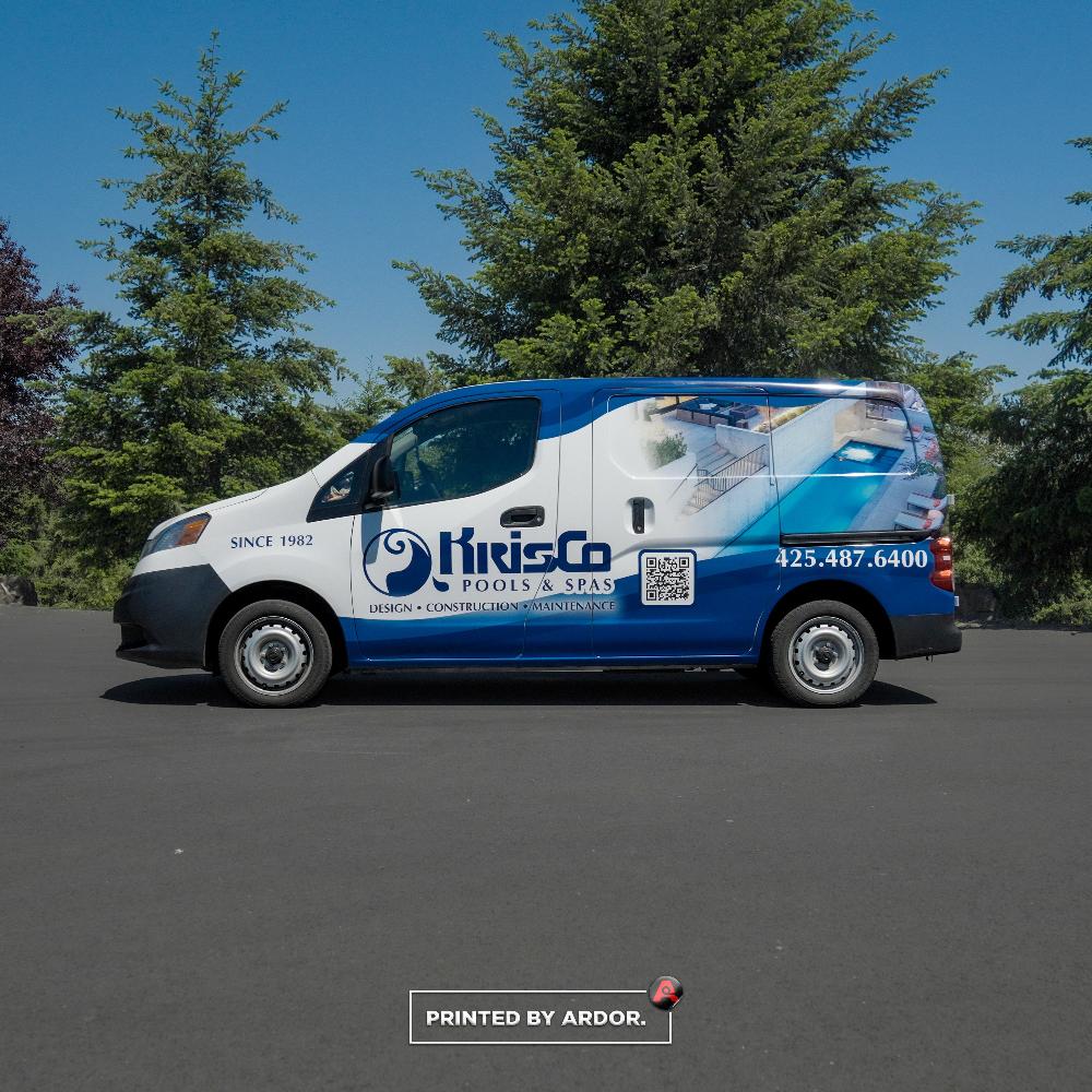 KrisCo Pools & Spas van wrap side view showing logo, pool design, 'Since 1982,' QR code, and contact number.