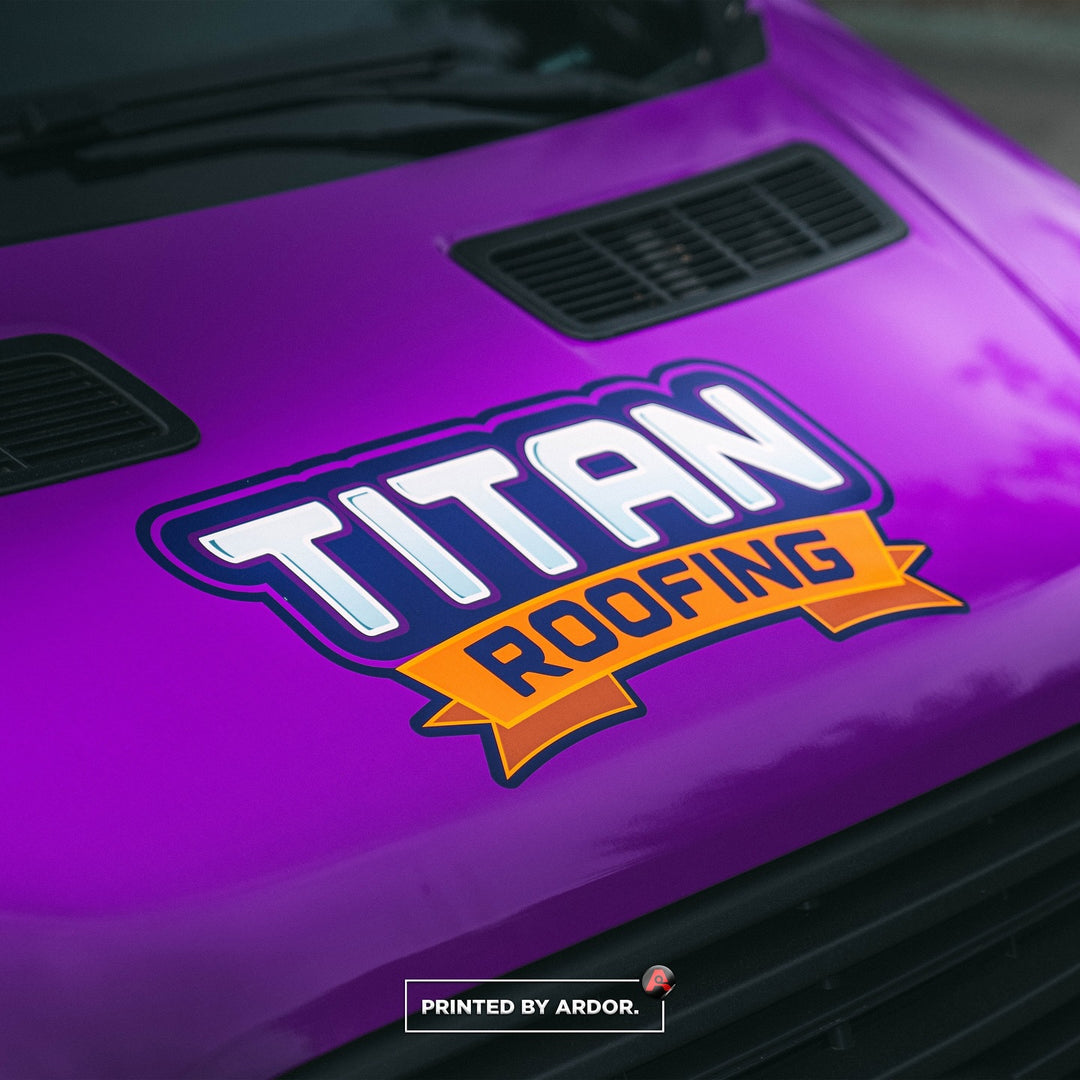 Close up photo of the hood we wrapped at Ardor Printing for Titan Roofing in Seattle, WA