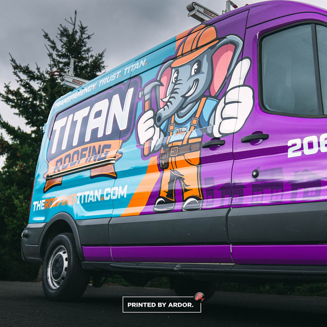 Close-up view of a purple and teal van wrap for Titan Roofing by Ardor Printing in Seattle.