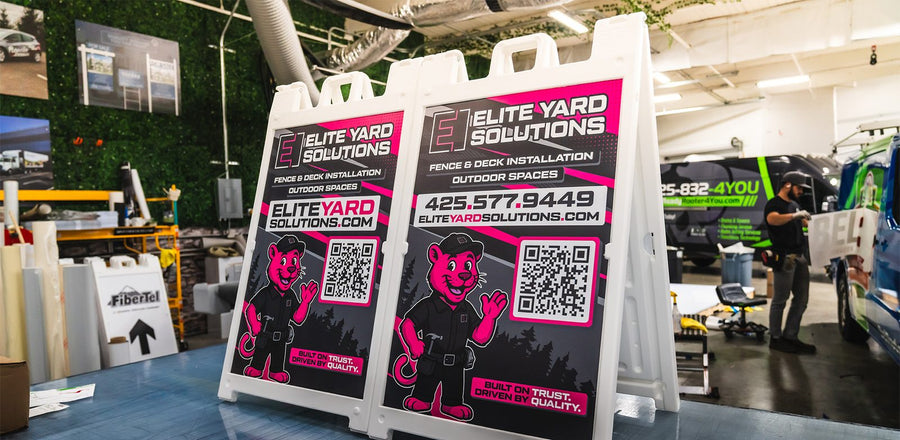 Full-color A-frame signs with a QR code for Elite Yard Solutions