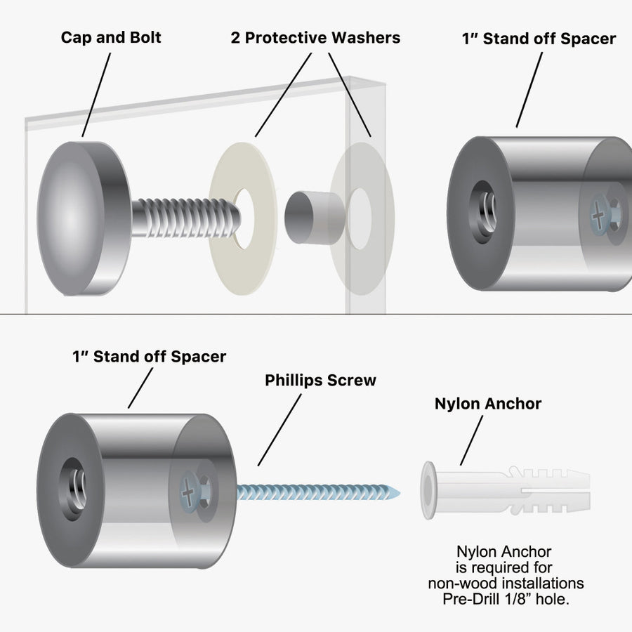 Acrylic print stand off hardware: cap and bolt, two protective washers, 1 in spacer, Phillips screw and nylon anchor