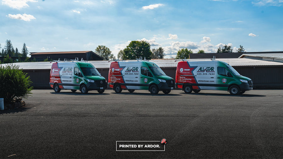 All Star Heating and Air Conditioning Sprinter vans in red and green fleet wraps by Ardor Printing