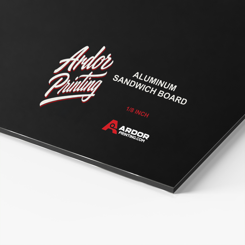 Close-up of a custom printed 1/8 inch aluminum sandwich board sign and its edge