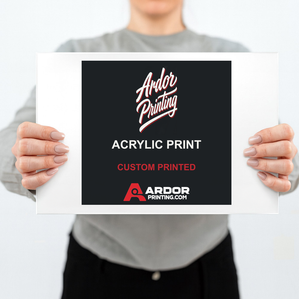 Custom acrylic print with full white backing held up, Ardor Printing branding