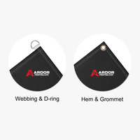 Backlit banner finishing options with Ardor Printing branding: webbing and D-ring, hem and grommet