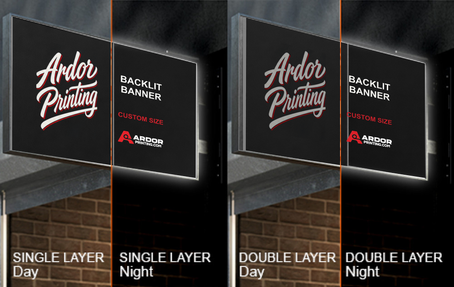 Backlit banner single layer vs double layer print compared in day and night, Ardor Printing branding