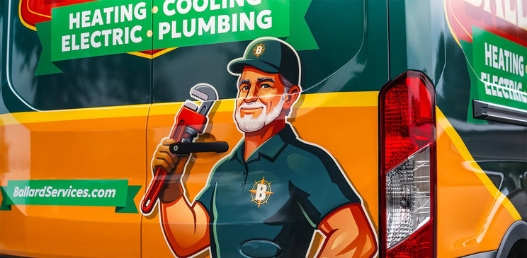 Close-up of the custom plumber mascot illustration designed for the Ballard Services van wrap