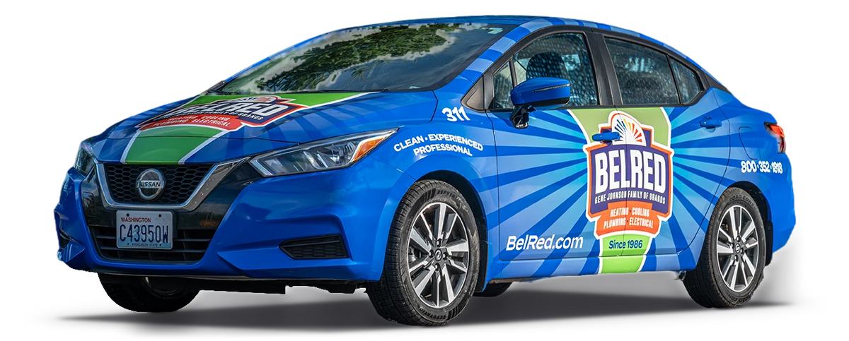 Nissan Versa car wrap for BelRed Heating, Cooling, Plumbing & Electrical, printed and installed by Ardor Printing in Snohomish, WA