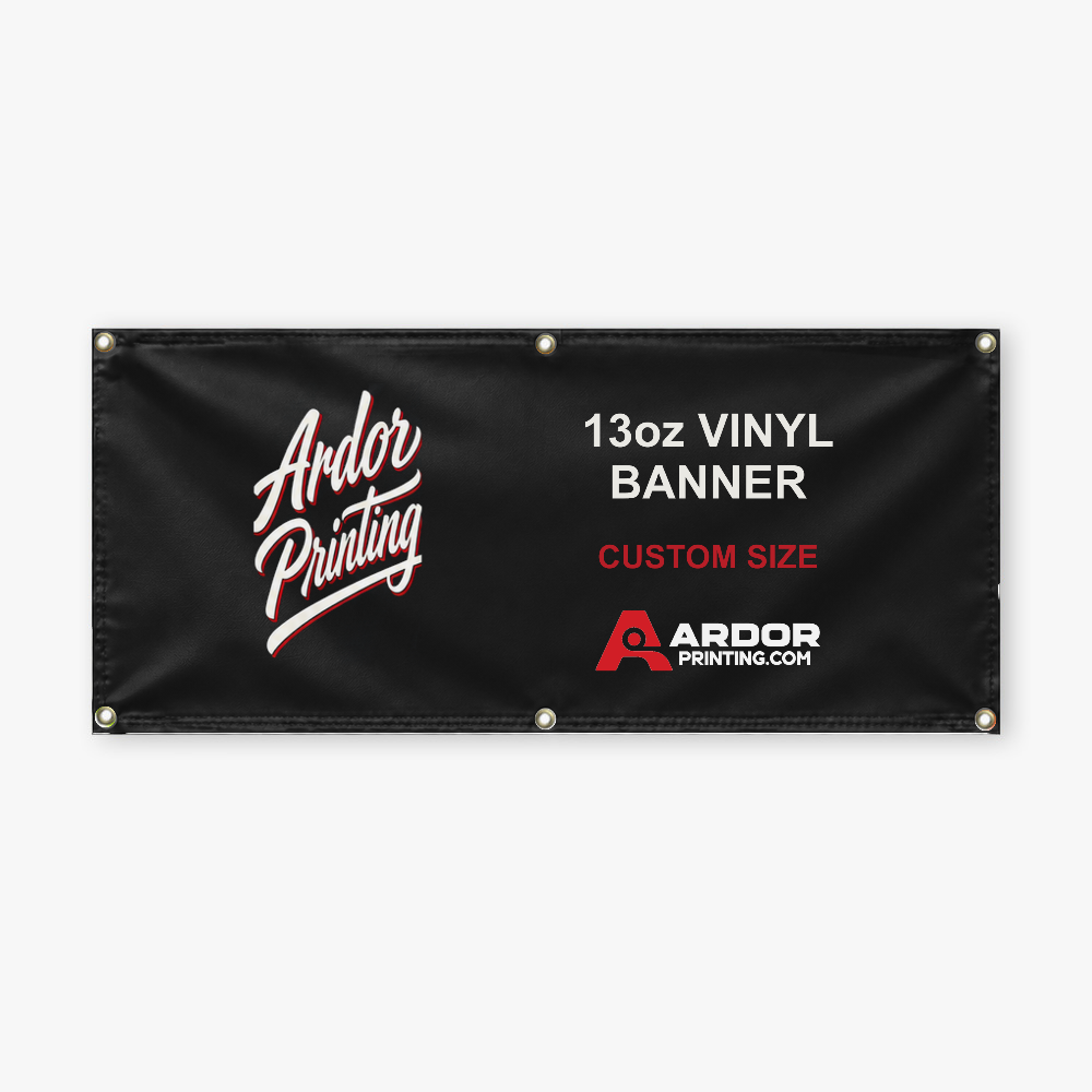 Custom 13oz vinyl banner with Ardor Printing branding hung flat by its corner grommets