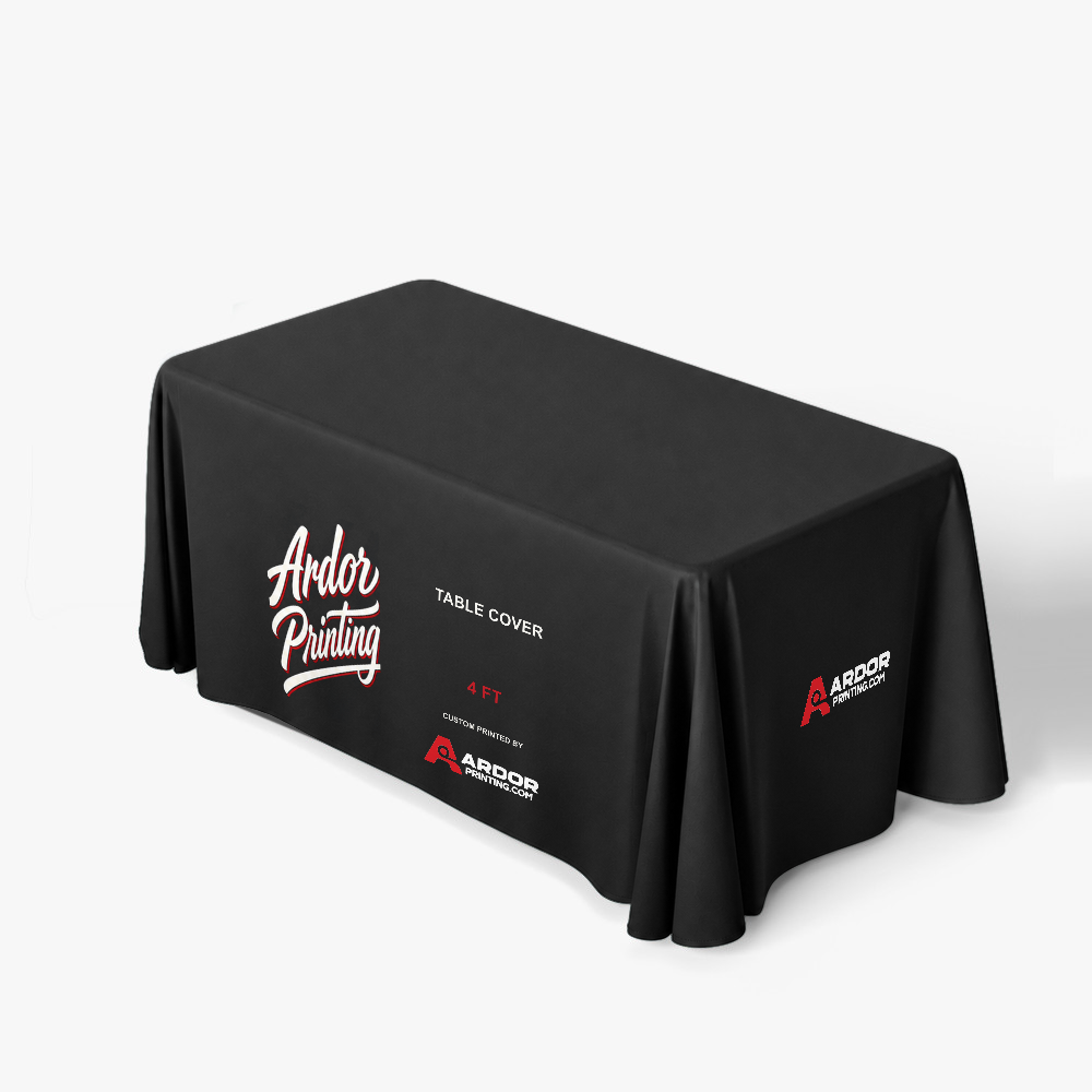 Custom 4 ft table throw printed with Ardor Printing branding on the front and side, draped over a 4 ft table