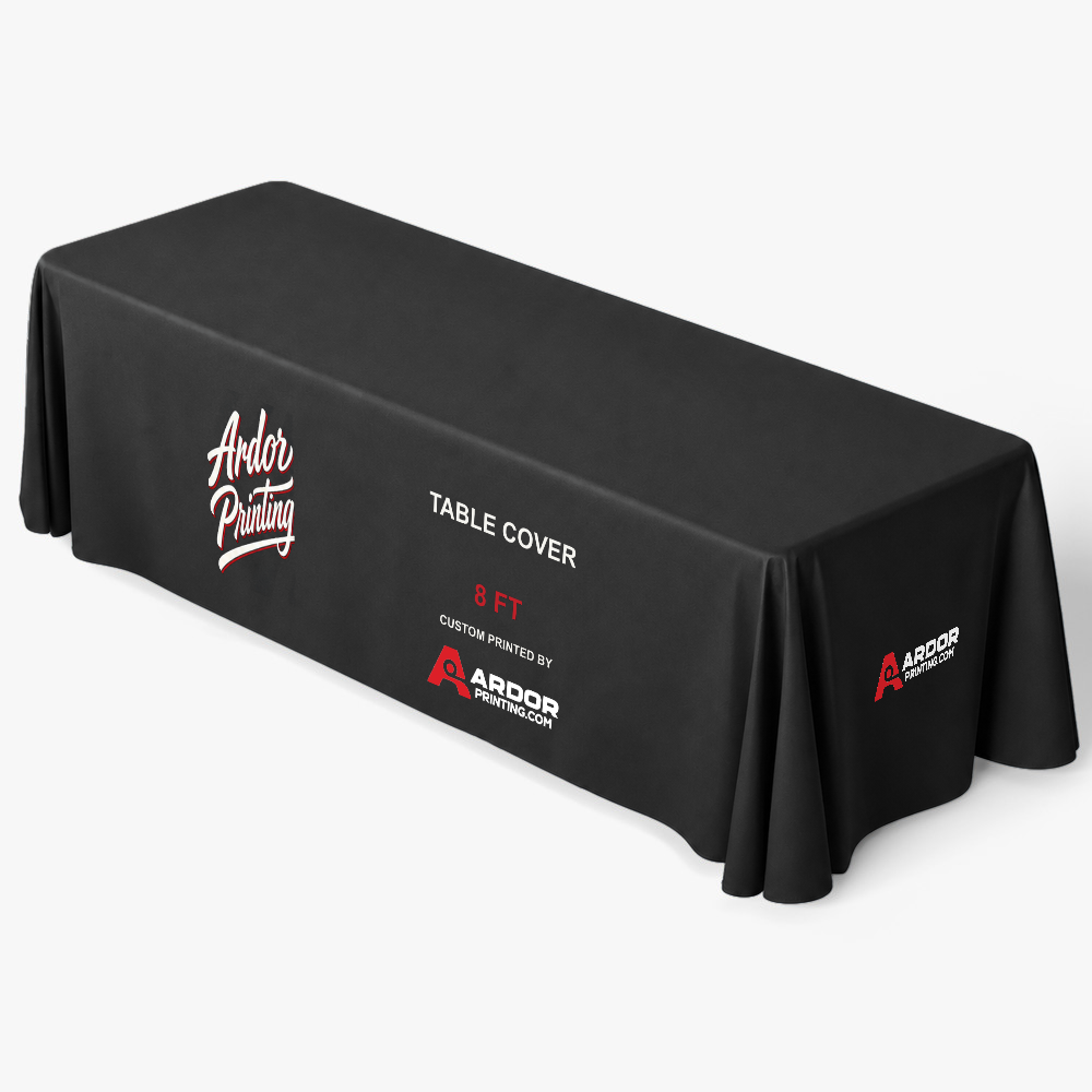 Custom 8 ft table throw printed with Ardor Printing branding on the front and side, draped over an 8 ft table