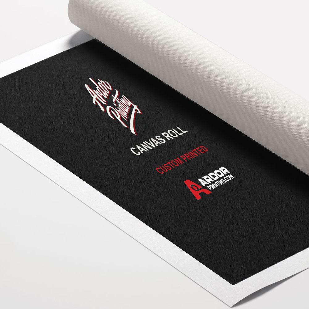 Custom printed canvas roll, unstretched artist canvas partly rolled, with Ardor Printing branding