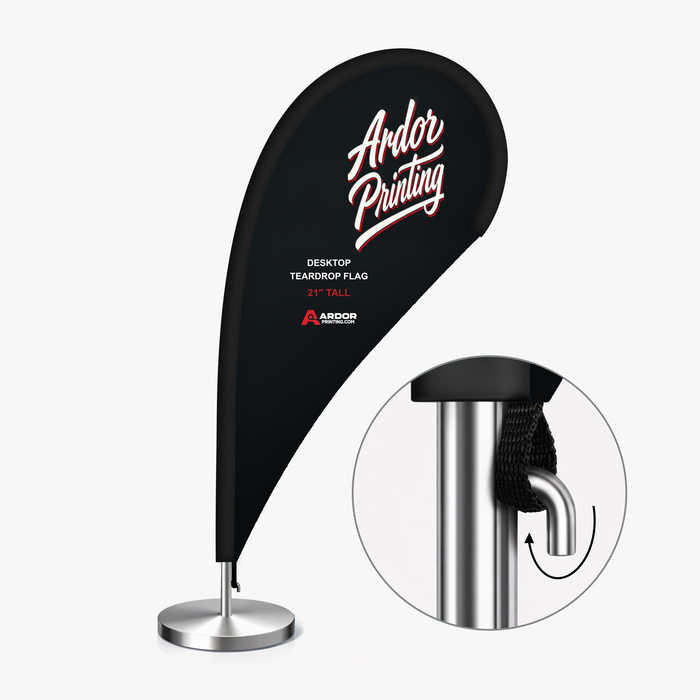 Custom printed desktop teardrop flag with Ardor Printing branding, with a close up of the pole connector on the base
