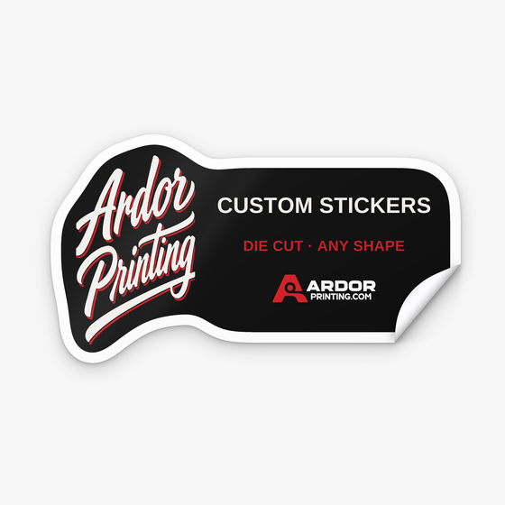 Custom die cut vinyl sticker with Ardor Printing branding and a peeling corner
