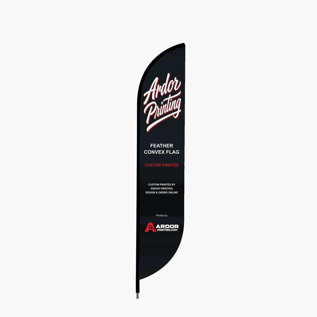 Custom printed feather convex flag with Ardor Printing branding, full color print on a pole