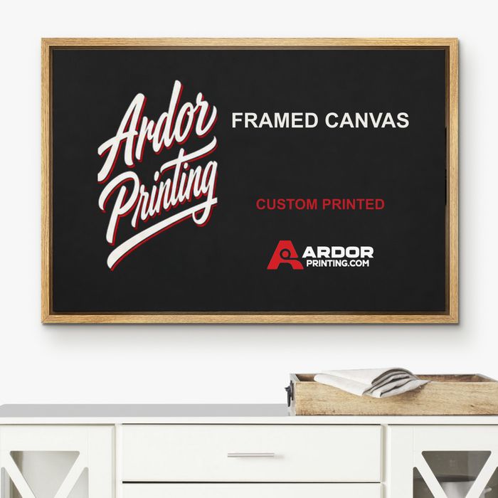 Custom framed canvas in a floating frame hanging on a wall above a dresser, Ardor Printing branding